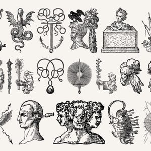 Collection of engraved occult symbols including serpents, swords, hands, and mythological busts inspired by vintage alchemy art.
