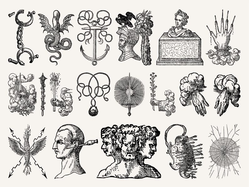 Collection of engraved occult symbols including serpents, swords, hands, and mythological busts inspired by vintage alchemy art.