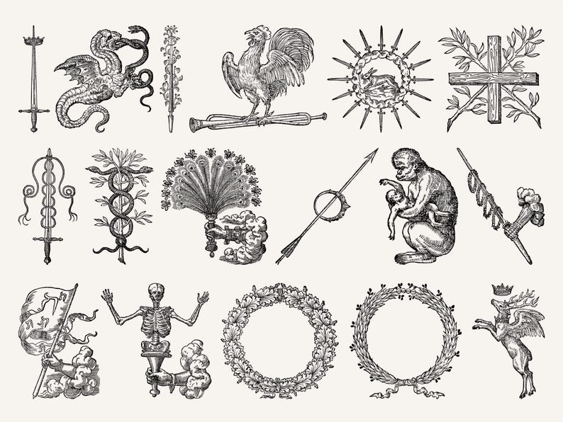 Set of vintage mystical alchemy symbols featuring dragons, swords, wreaths, and winged creatures.