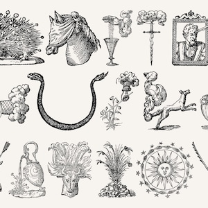 Collection of surreal occult emblems including serpents, suns, labyrinths, and alchemical animals.