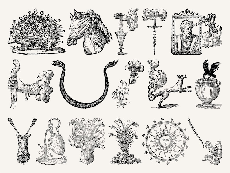 Collection of surreal occult emblems including serpents, suns, labyrinths, and alchemical animals.