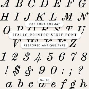 Puede incluir: Alfabeto, números y símbolos en fuente serif cursiva negra. La imagen incluye el texto "OTF FONT FORMAT", "ITALIC PRINTED SERIF FONT" y "RESTORED ANTIQUE TYPE". La fuente está etiquetada como "No. 36".