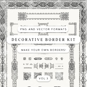 Puede incluir: Un kit de bordes decorativos con intrincados diseños en blanco y negro. La imagen incluye varios estilos de bordes, elementos decorativos y el texto "PNG and Vector Formats", "Decorative Border Kit" y "Make Your Own Borders!" El kit está etiquetado como "VOL. 3."