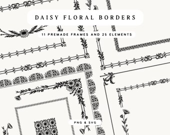 Könnte beinhalten: Eine Sammlung von schwarz-weißen Gänseblümchen-Blumenrändern und -rahmen. Das Bild enthält verschiedene Designs, darunter Eckrahmen, lineare Ränder und florale Elemente. Der Text auf dem Bild lautet "DAISY FLORAL BORDERS" und "11 PREMADE FRAMES AND 25 ELEMENTS."