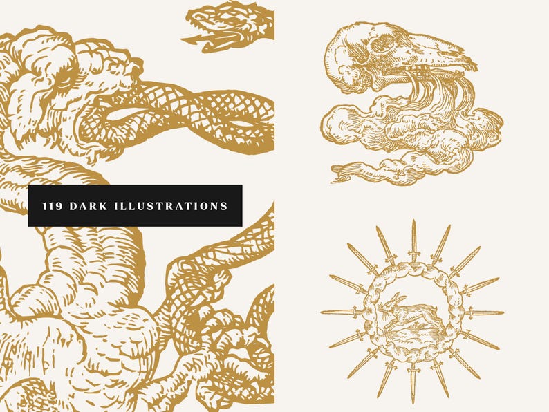 Gold engraved occult illustrations featuring snakes, skulls, and celestial symbols from historical alchemy art.