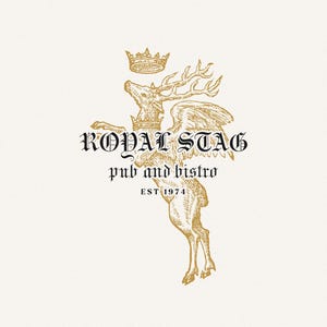 Golden crowned stag illustration in a vintage heraldic and occult style used for branding and design.