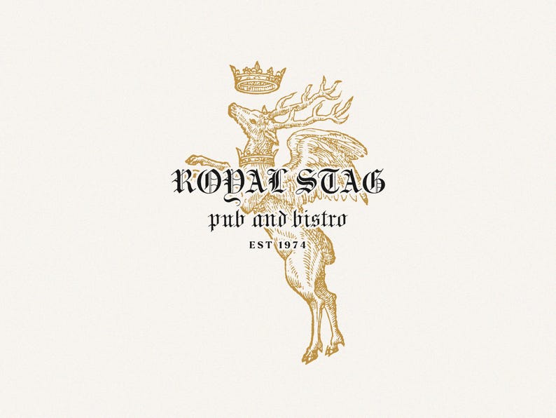 Golden crowned stag illustration in a vintage heraldic and occult style used for branding and design.
