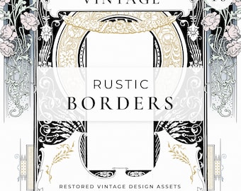 Vintage Floral Border Clipart, Rustic 19th Century Illustrations, PNG SVG Digital Download