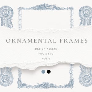 Puede incluir: Diseño digital con marcos ornamentales azul claro con detalles florales y arquitectónicos. El texto "ORNAMENTAL FRAMES" se muestra, con "DESIGN ASSETS PNG & SVG VOL 6" debajo. El fondo es blanco texturizado.