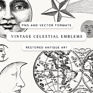 Puede incluir: Emblemas celestes vintage en blanco y negro, que incluyen una cara de luna detallada, una estrella y un mapa antiguo. El texto incluye "PNG and Vector Formats", "Vintage Celestial Emblems" y "Restored Antique Art".