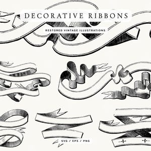 Könnte beinhalten: Eine Sammlung von Illustrationen dekorativer Bänder im Vintage-Stil in Schwarzweiß. Das Bild zeigt verschiedene Banddesigns, einige mit gekräuselten Enden und andere mit spitzen Spitzen. Der Text oben lautet "DECORATIVE RIBBONS" und "RESTORED VINTAGE ILLUSTRATIONS".