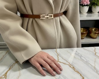 Vintage Minimalist Cowhide Leather Belt: Adjustable Genuine Leather Waist Strap for Blazers and Dresses