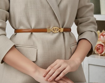Vintage minimalistische koeienhuidriem, verstelbare lederen tailleriem voor blazers en jurken