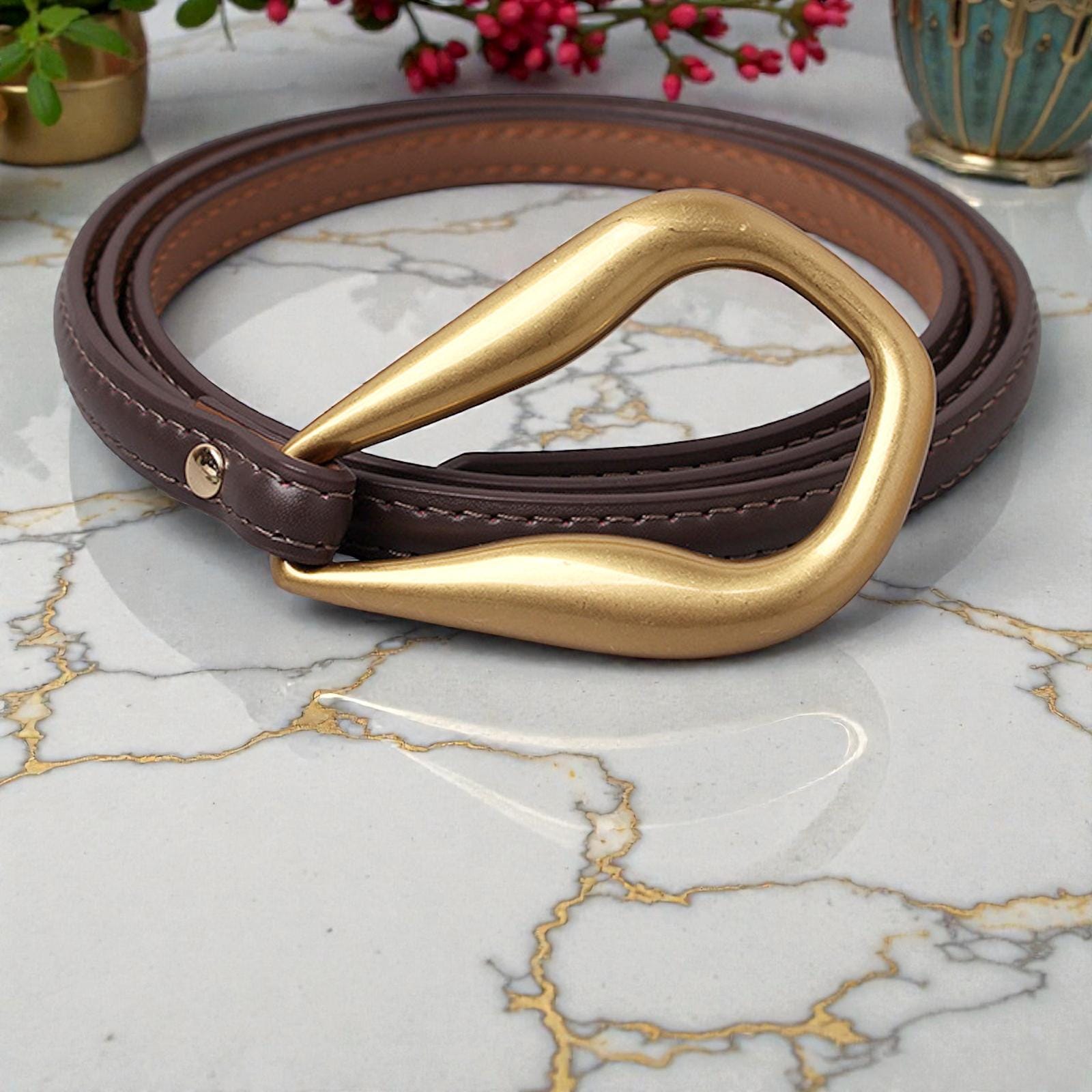 Single Strap Women Leather Belt , Gold Horseshoe Buckle 