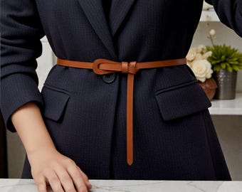 Leather Knot Belt , Women Triple Wrap Self Tie Minimalist Waist Belt For Dresses & Blazers