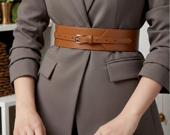 Vintage Wide Leather Waist Belt, Black Genuine Corset Belt, Detachable Retro Style