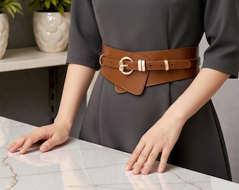 Vintage Wide Leather Corset Belt: Black Genuine Waist Belt , Detachable Retro Design