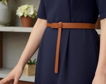Knot-Tie Leather Belt with No Metal Buckle, Minimalist Black Tie Waist Belt for Women