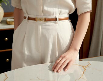 Vintage minimalistische koeienhuidriem: verstelbare lederen tailleriem voor jurken en blazers