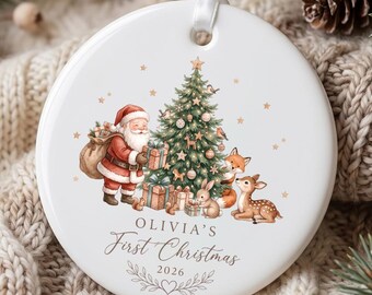 Babys First Christmas Bauble, Woodland Santa Ornament, Personalized Newborn Keepsake, New Baby Holiday Gift