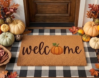 Alfombra de bienvenida con forma de calabaza, decoración rústica de otoño, felpudo de otoño, felpudo de Acción de Gracias, alfombra de fibra de coco de otoño, decoración para el porche