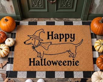 Felpudo de Halloween con diseño de perro salchicha, felpudo de bienvenida de Halloween, decoración para el porche con diseño de perro salchicha, felpudo divertido para mascotas.