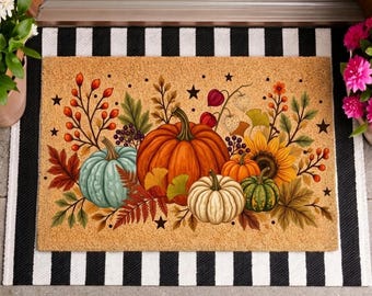 Felpudo de calabaza otoñal, felpudo de bienvenida otoñal, decoración de porche de cosecha, alfombra de Acción de Gracias, felpudo de entrada exterior, felpudo de fibra de coco otoñal