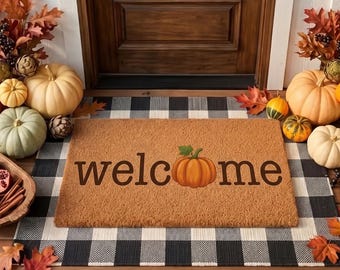 Felpudo de calabaza, decoración rústica de otoño, felpudo otoñal, felpudo de Acción de Gracias, alfombra de fibra de coco de otoño