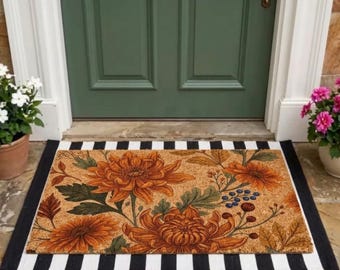 Felpudo floral otoñal, felpudo de bienvenida de otoño, decoración para el porche, felpudo botánico de fibra de coco, regalo de inauguración de casa