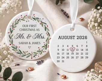 Adorno de la primera Navidad de casados, recuerdo de Sr. y Sra., decoración de calendario de doble cara, regalo de boda personalizado