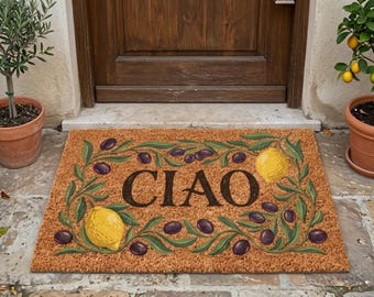 Felpudo Ciao Lemon, felpudo de bienvenida italiano, alfombra de fibra de coco con forma de rama de olivo, decoración de porche mediterránea, felpudo de entrada de cocina toscana