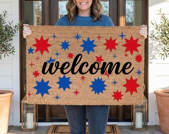 Felpudo de bienvenida del 4 de julio, felpudo patriótico para la entrada, regalo del Día de la Independencia, alfombra para la puerta principal con estrellas rojas y azules, decoración de verano para el porche.