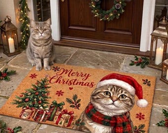 Felpudo personalizado con retrato de gato, regalo navideño personalizado para amantes de los gatos, felpudo conmemorativo para mascotas, decoración navideña para la entrada del hogar.