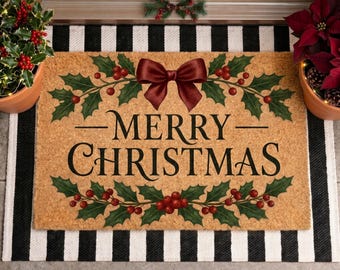 Felpudo de Feliz Navidad, Felpudo de Bienvenida Clásico para las Fiestas, Decoración Navideña para la Puerta Principal, Felpudo Festivo de Fibra de Coco, Alfombra de Entrada de Invierno