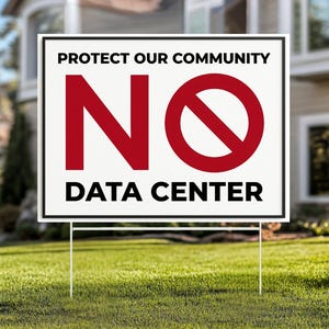 May include: A rectangular yard sign with a white background and a black border. The text reads PROTECT OUR COMMUNITY at the top and DATA CENTER at the bottom in black. A large red NO symbol is centered between the text lines on the sign.