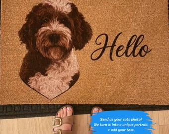 Personalized Pet Portrait Doormat, Custom Dog Art From Photo, Watercolor Cat Mom Welcome Mat, Pet Owner Housewarming Gift