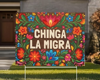 Letrero de jardín "Chinga La Migra", decoración colorida de arte de resistencia para jardín, letrero político anti-ICE, decoración popular mexicana.