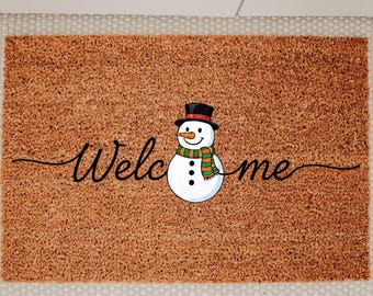 Snowman Doormat, Winter Doormat, Christmas Doormat, Patio Decor, Holiday Door Mat, Snowflake Door Decor, Doormat for Front Porch, Coir Mat