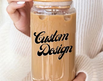 Personalized 16oz Iced Coffee Glass Cup with Bamboo Lid and Straw, Custom Name Glass Can, Frosted or Clear Glass Cup, Aesthetic Gift for Her