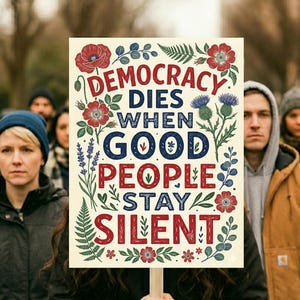 May include: A protest sign held by a person, featuring the text "DEMOCRACY DIES WHEN GOOD PEOPLE STAY SILENT" in red and blue lettering, surrounded by floral illustrations. The sign is held in front of a crowd of people.