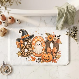 Cute Ghost Boo Bath Mat, Halloween Bathroom Decor, Leopard Print Fall Rug, Spooky Season Bath Rug, Witch Hat Pumpkin Mat