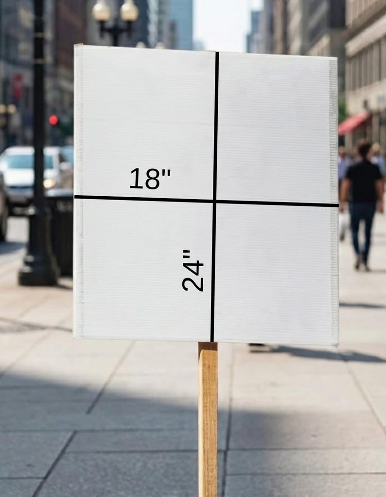 May include: A white rectangular sign, 18 inches by 24 inches, mounted on a wooden pole. The sign is blank, with black lines indicating the dimensions. The background shows a city street with pedestrians and buildings.