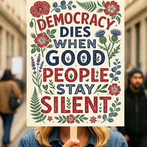 May include: A sign with the words "DEMOCRACY DIES WHEN GOOD PEOPLE STAY SILENT" in red and blue lettering, surrounded by floral illustrations. The sign is held by a person wearing a denim jacket.