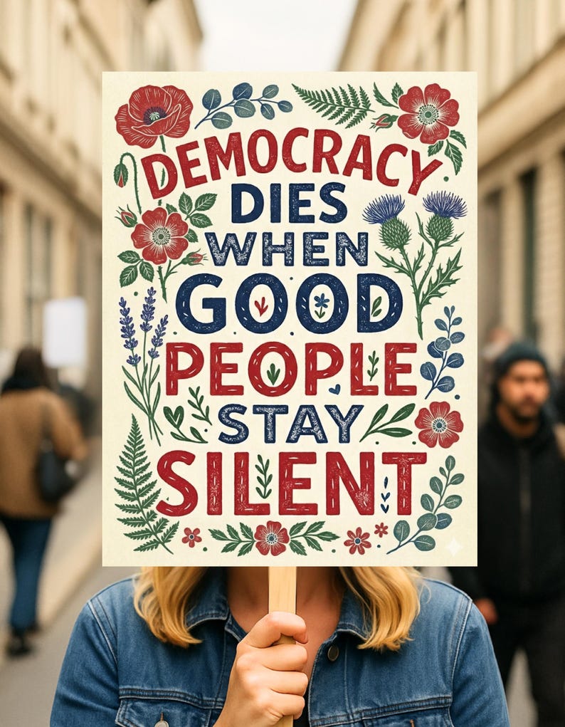 May include: A sign with the words "DEMOCRACY DIES WHEN GOOD PEOPLE STAY SILENT" in red and blue lettering, surrounded by floral illustrations. The sign is held by a person wearing a denim jacket.