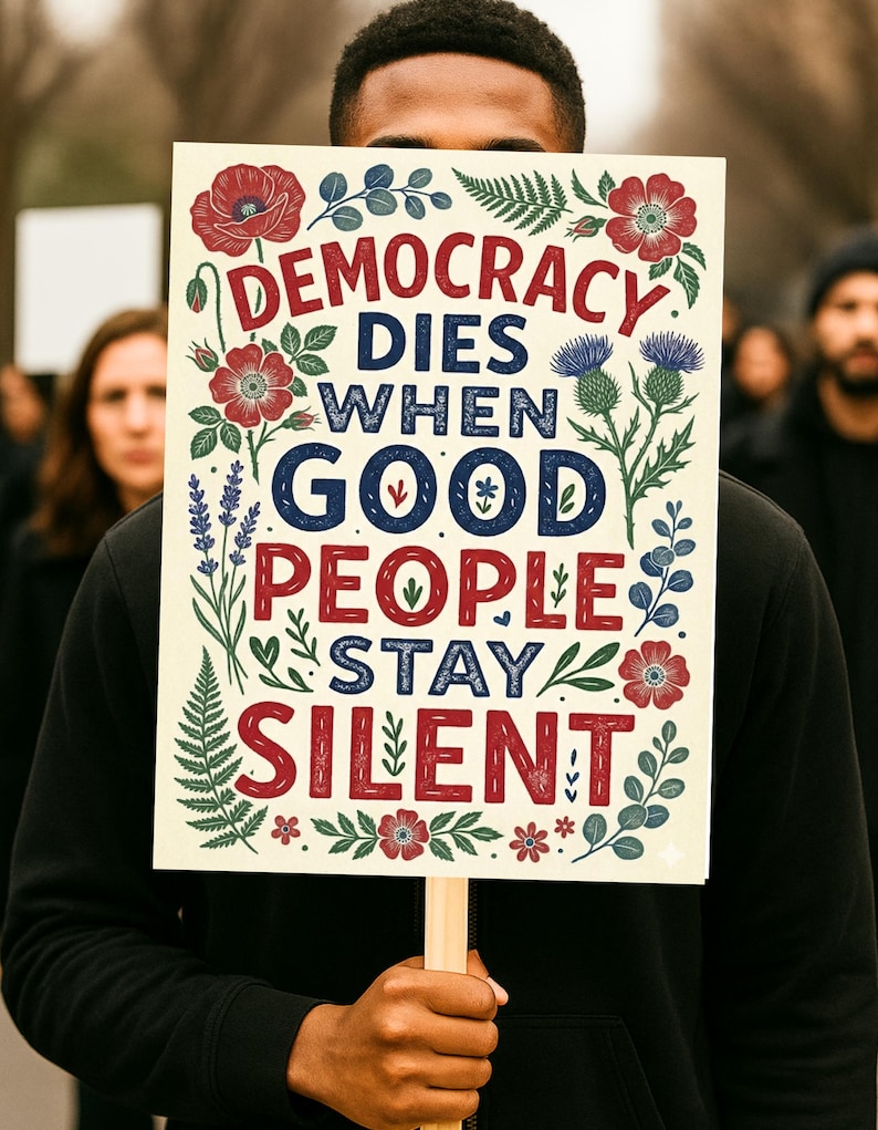 May include: A sign held by a person with the text "DEMOCRACY DIES WHEN GOOD PEOPLE STAY SILENT" in red and blue lettering, surrounded by floral illustrations. The sign is on a wooden stick.