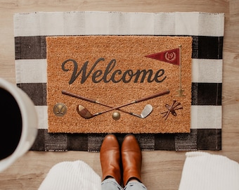 Alfombra de bienvenida de golf, felpudo de fibra de coco para exteriores, decoración de golf, felpudo para la puerta principal, regalo para golfistas, alfombra bonita para el porche, regalo de inauguración de casa para amantes del golf