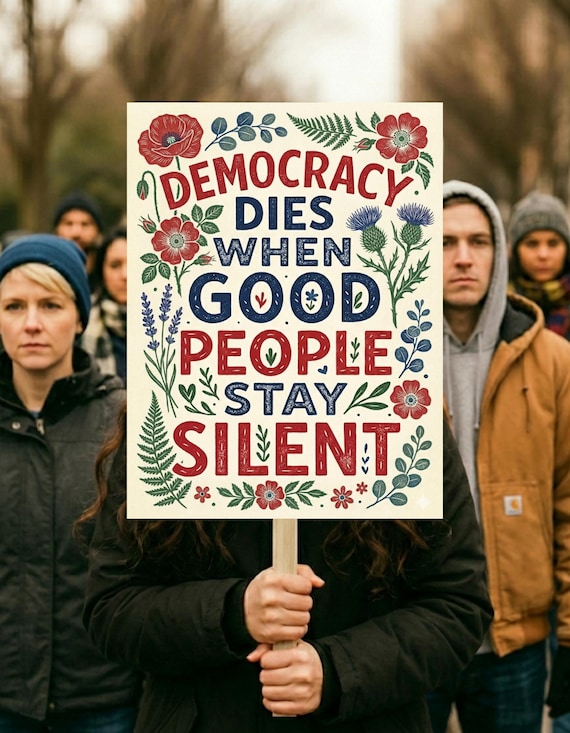 Democracy Dies When Good People Stay Silent Protest Sign, No Kings Rally Day Protests Poster, Anti Trump Rally Sign, Resist Fascism Poster