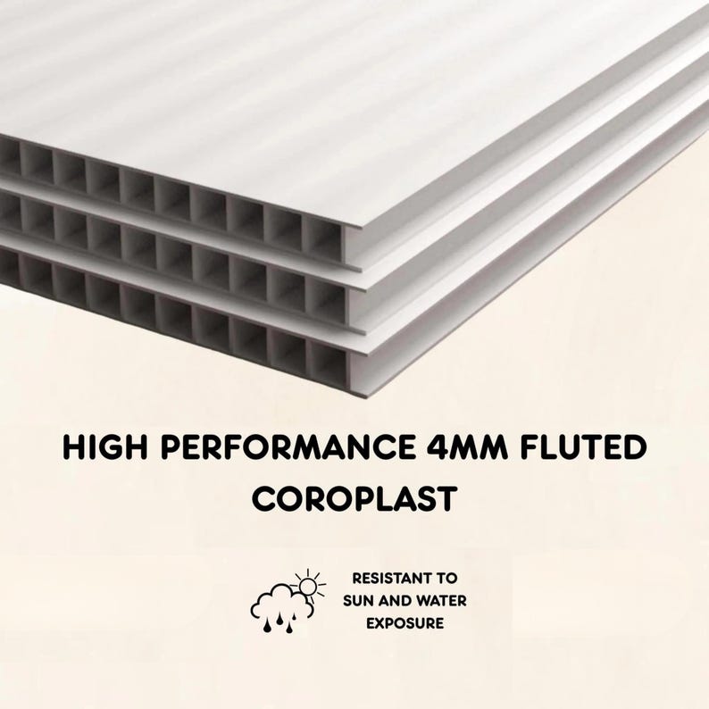 May include: Close-up of white, fluted Coroplast sheets, 4mm thick, stacked to show the material's structure. Text reads "HIGH PERFORMANCE 4MM FLUTED COROPLAST" and "RESISTANT TO SUN AND WATER EXPOSURE".