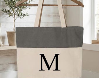 Personalized Canvas Tote Bag, Monogram Color Block Bag, Custom Initial Shoulder Bag, Reusable Shopping Bag, Cotton Canvas Tote