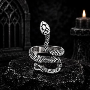 Open Band Ring, Silver-Tone Zinc Alloy Snake Jewelry, Adjustable Gothic